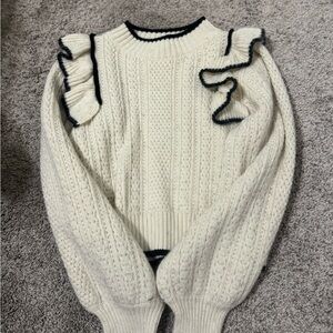 Eesome Ivory Cable Knit Sweater with Navy Trim